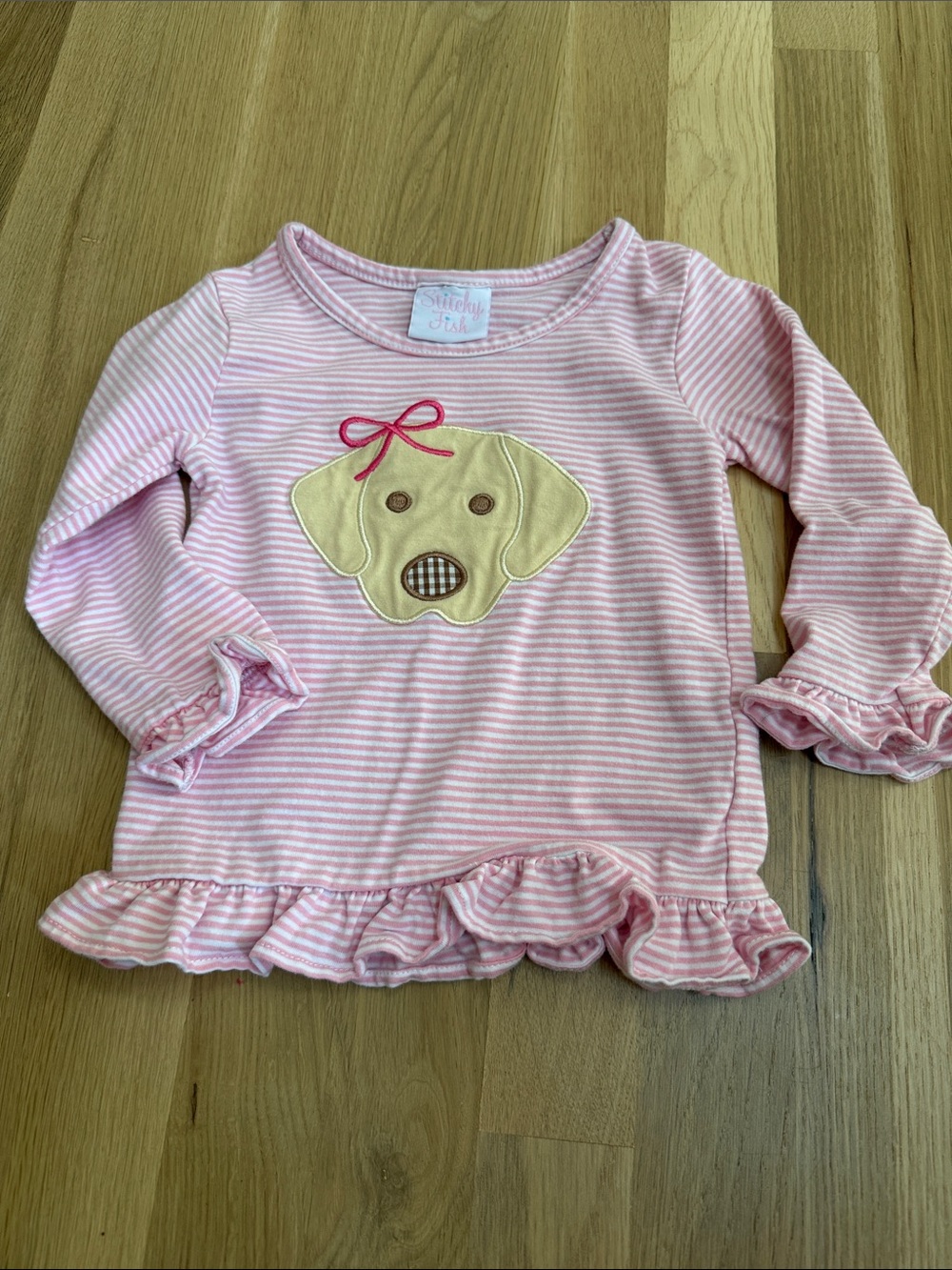 Pink Striped Long-Sleeve Top with Puppy Applique - Girls
